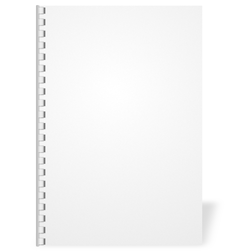 dokument svázaným bílým plastovým hřbetem s bílým papírem vpředu